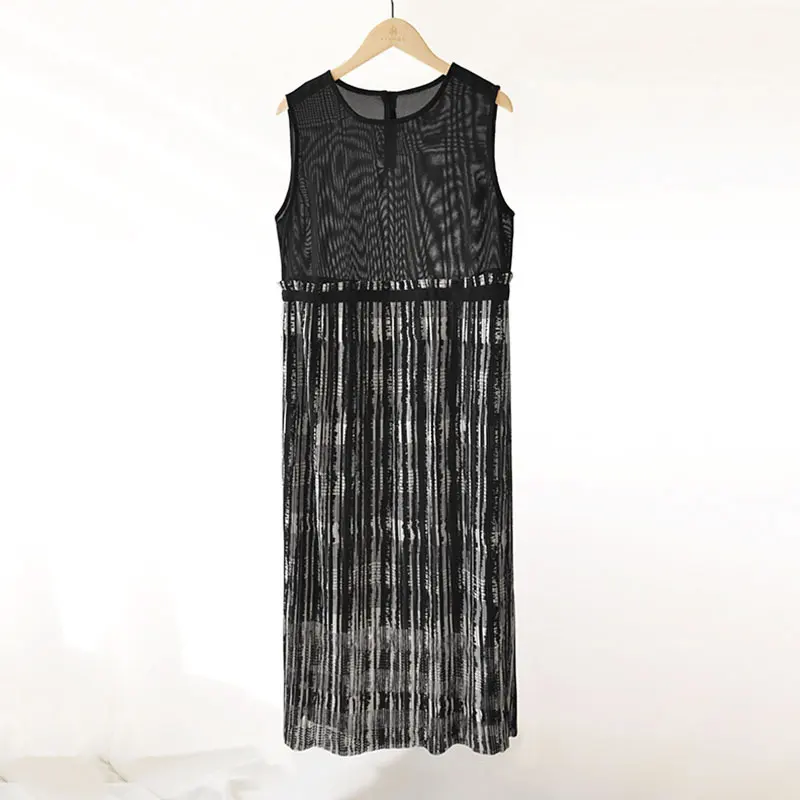 

XITAO Stripe Print Folds Dress Contrast Color Splicing Sleeveless Pullover Women Summer New Simplicity Loose All-match LDD1696