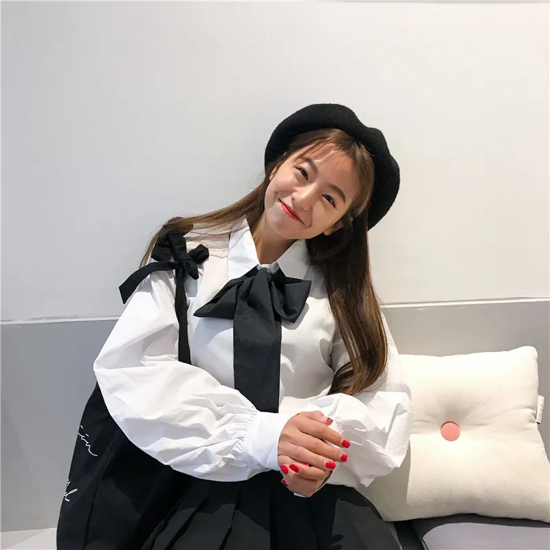 

Loose Vintage Preppy Style Women Blouses Bow Turn-down Collar Puff Sleeve Long Sleeve Tops Autumn Ladies Fashion Brand New