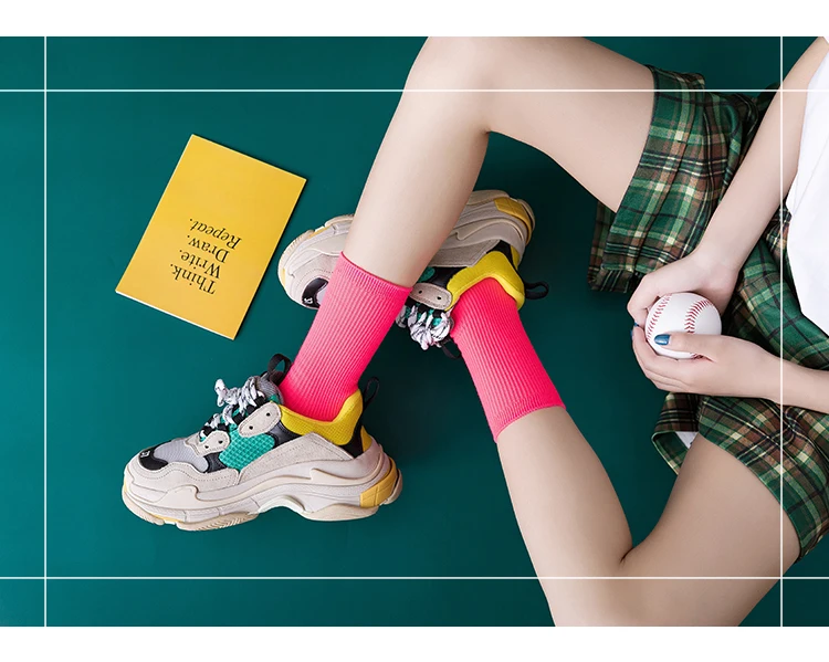 Носки ярких цветов женские для улицы хип-хоп Harajuku скейтборд женские Meias Твердые флуоресцентные спортивные модные ворсовые грубые носки до середины голени