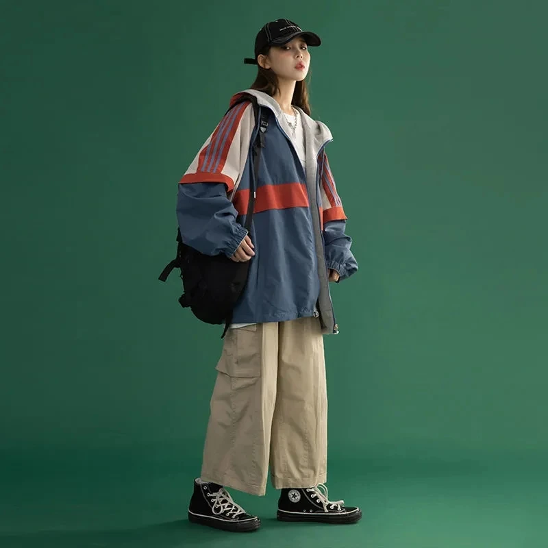 

Harajuku Two-Sided Wear Hooded Zip-Up Jacket Women Oversized Loose Boyfriend Style Outwear Streetwear Patchwork Casual Coat 2021