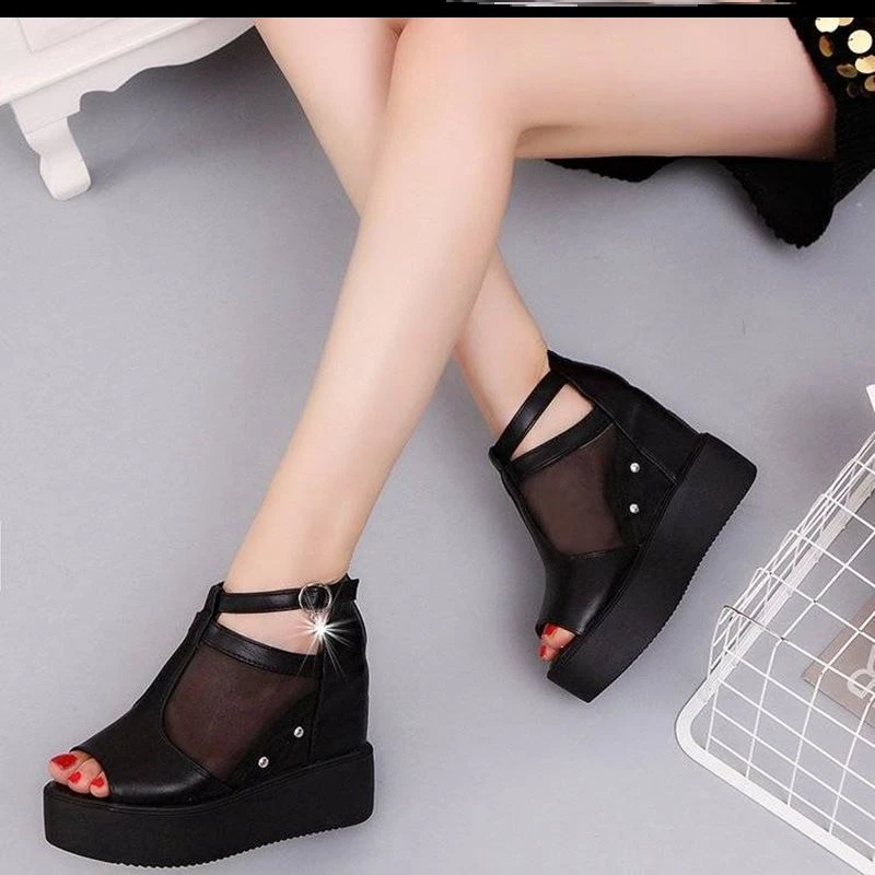 

2021 fish mouth sandals women's new style Korean mesh inner increased heel wedge platform platform sandals women shoes