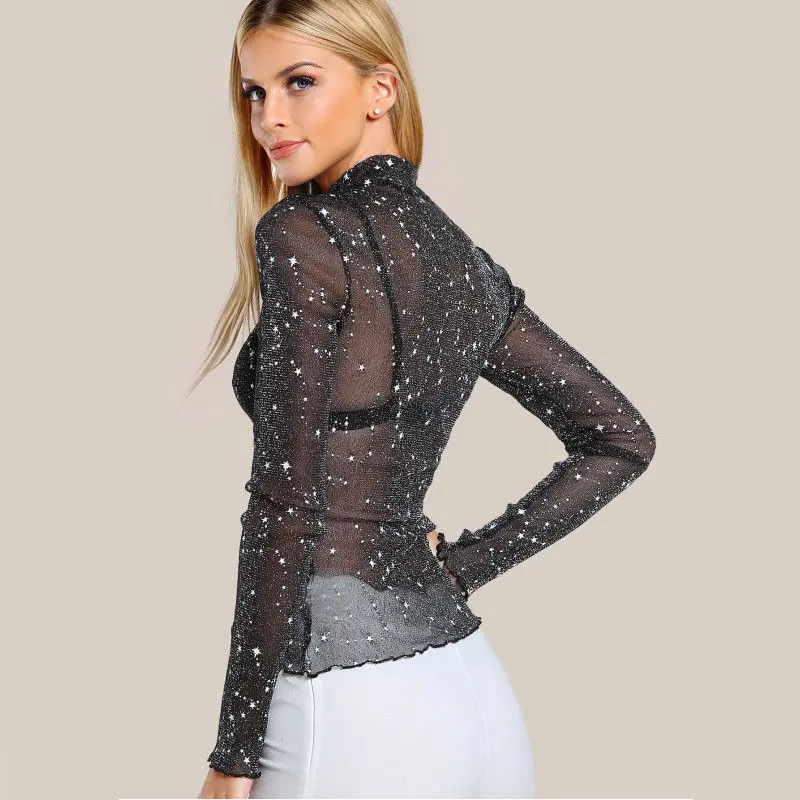 Женская Прозрачная облегающая футболка черная водолазка с длинными рукавами