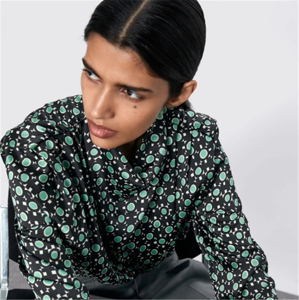 2020 ZA новая весенняя женская рубашка с принтом модная зеленая шифоновая Boho со