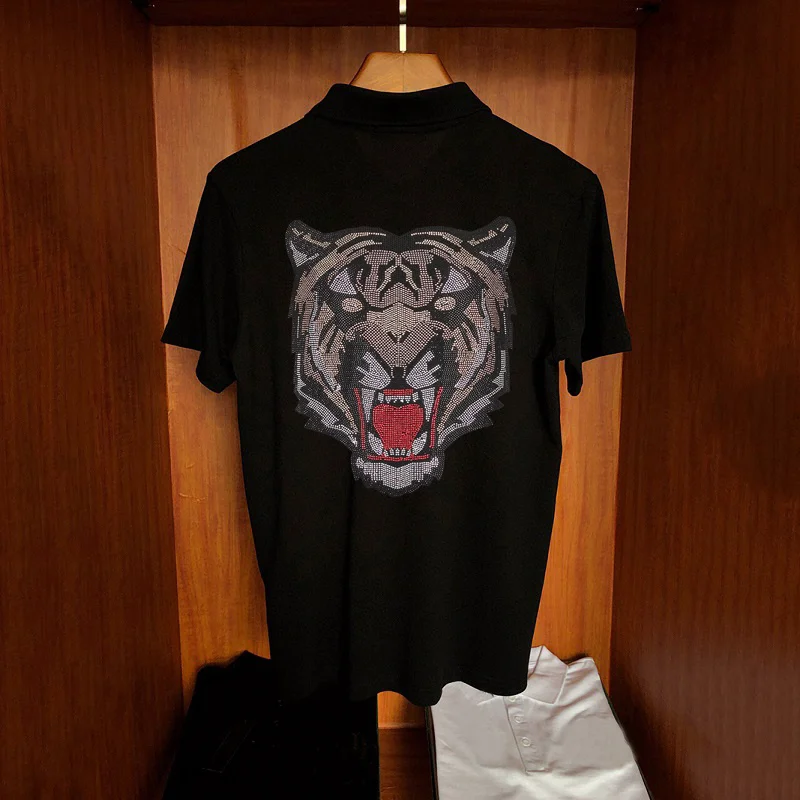 

British Design Handsome Summer Polo Shirt Tiger Head Drilling Exaggerated Brand Hot Sale Men's Short Sleeve