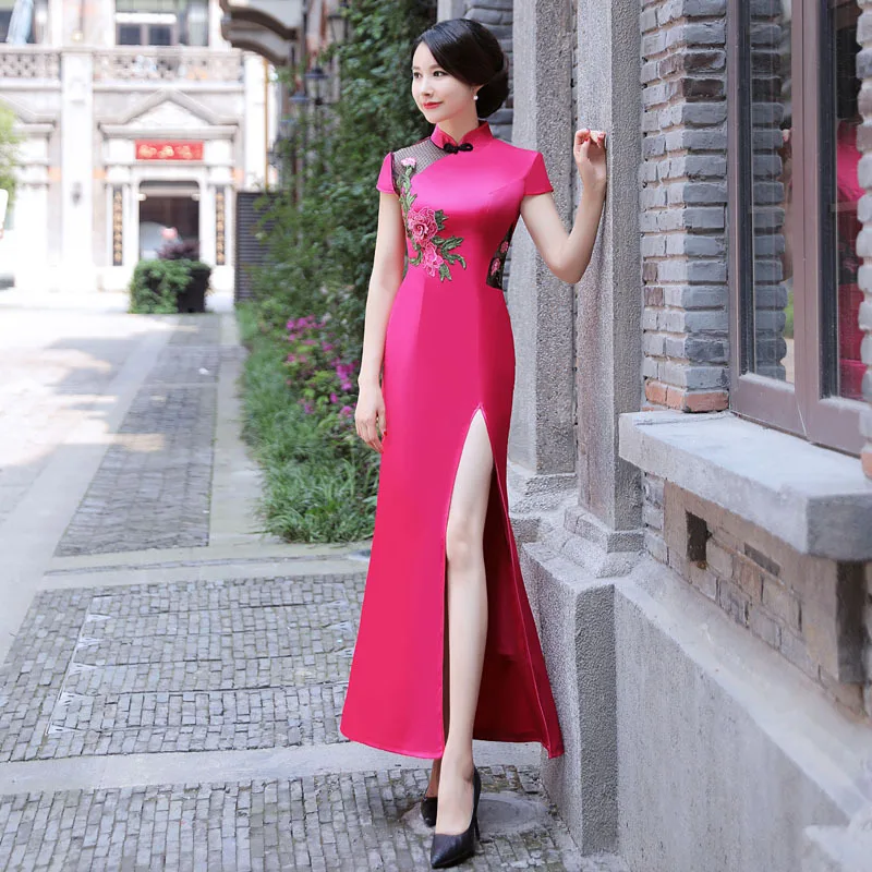 

Female Floral Embroidery Qipao Sexy Perspective Slim Cheongsam Satin Mesh Chinese Style Dress Mandarin Collar Long Vestidos
