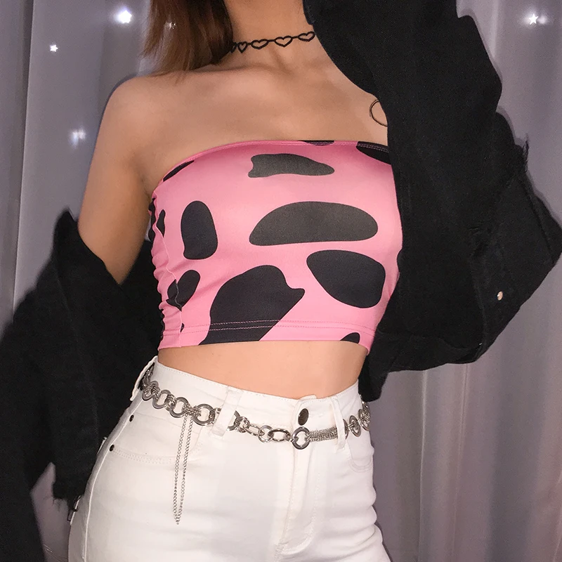 Новый сексуальный розовый Топ без бретелек с коровьим животным принтом