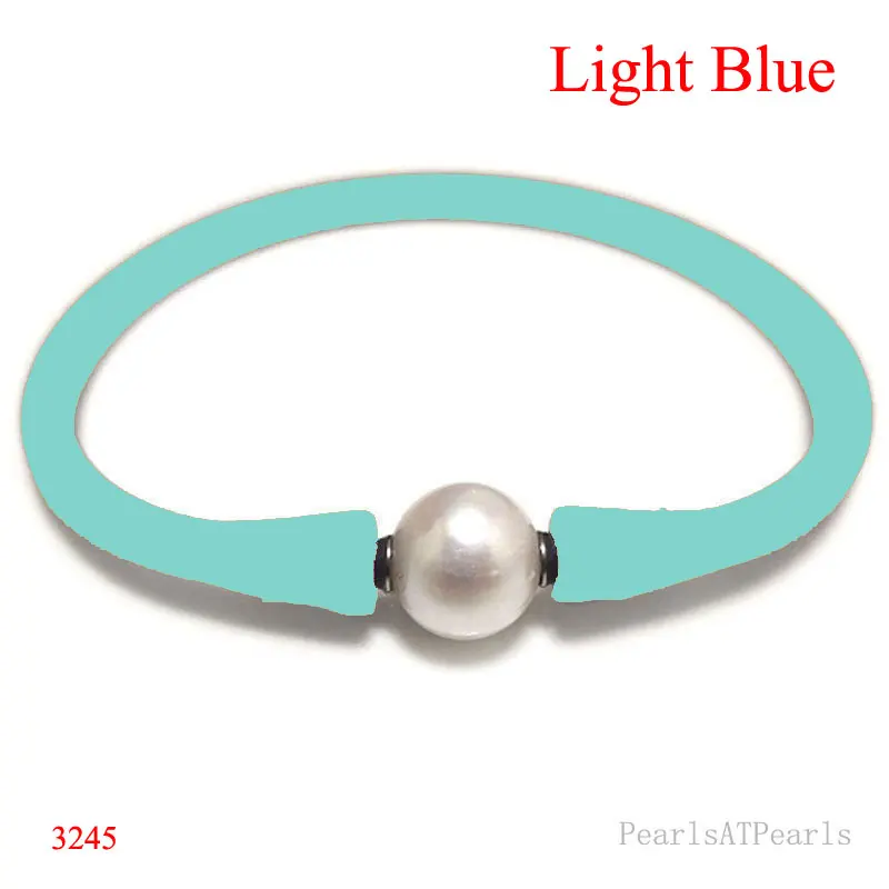 

6.5 inches 10-11mm One AA Natural Round Pearl Light Blue Elastic Rubber Silicone Bracelet For Men
