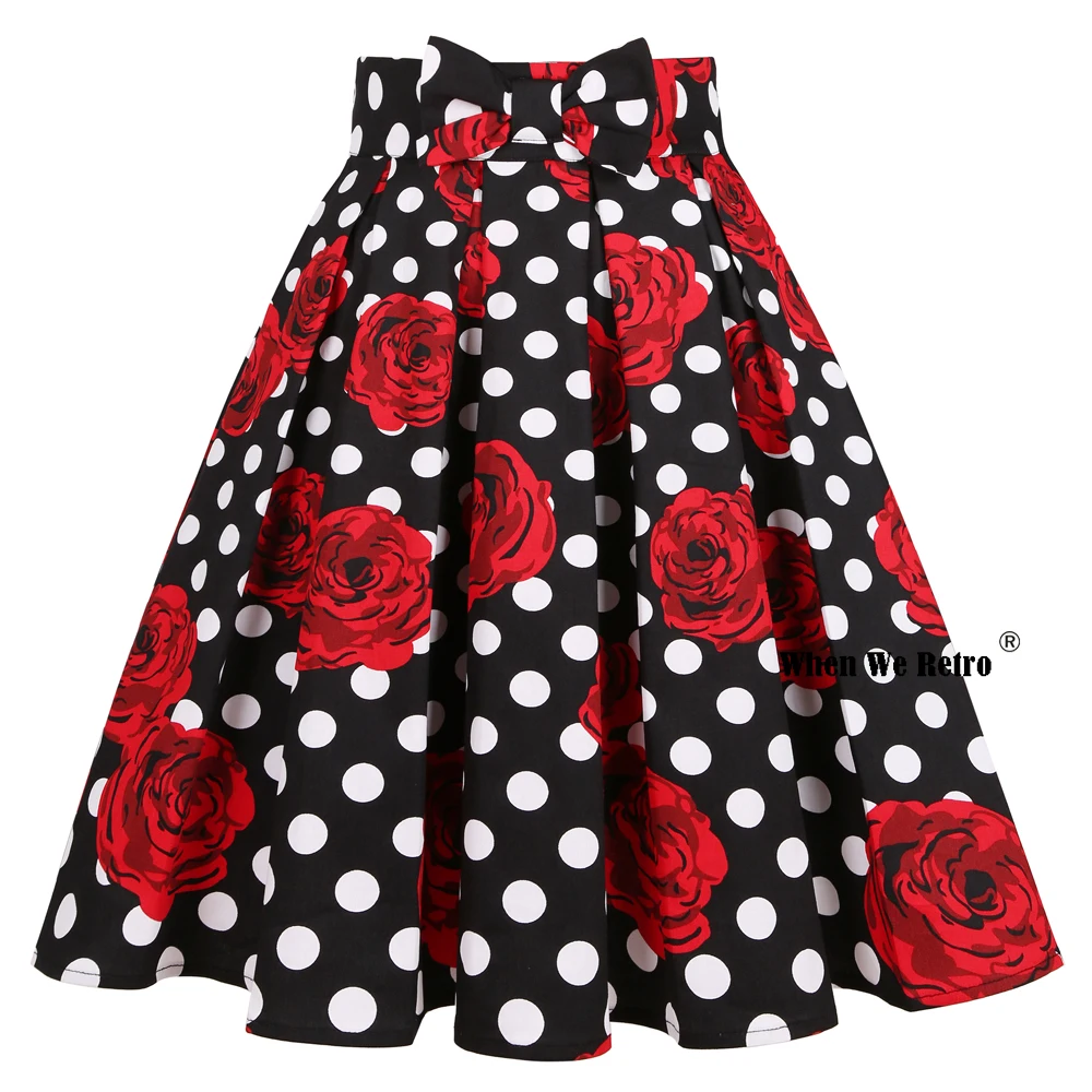 

2022 Women Polka Dots Floral Print Vintage Black Skirt SS0012 Valentine's Day Summer High Waist Pleated Cotton Skirt
