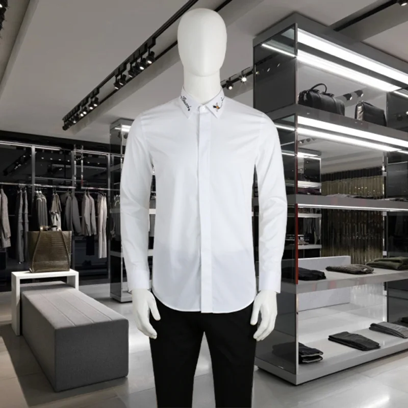 Autumn and winter new men's long-sleeved shirt fashion slim bee embroidered black and white  shirt for men