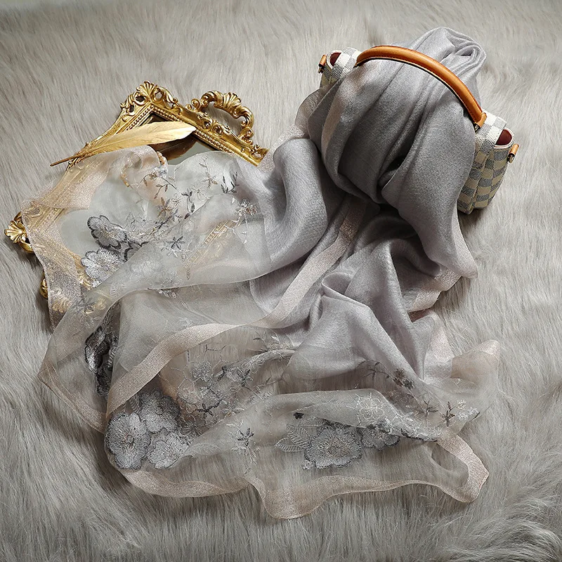 

Women Luxury Silk Wool Scarf Shawls Floral Embroidery Lady Pashmina Neck Hijab Foulard Wraps Bufanda Winter Warm Scarves 2021