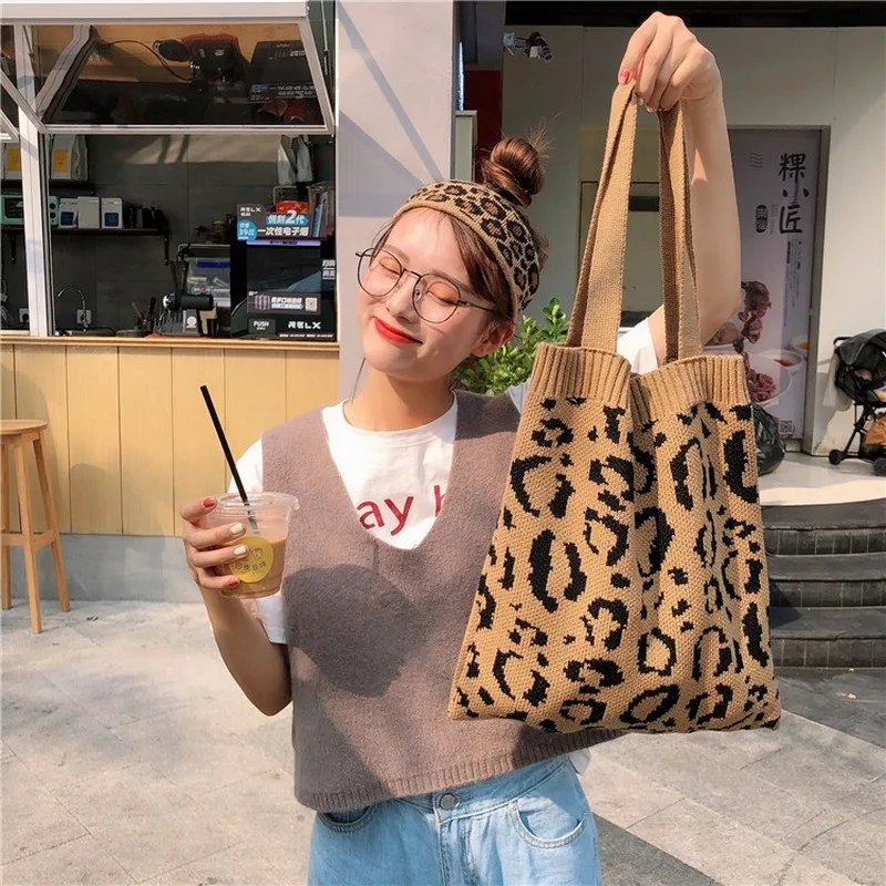 

Women Korean Japanese Style Fashion Knitted Shopping Leopard-print Shoulder Joker Casual Portable Wool Cloth Bag lady Handbag
