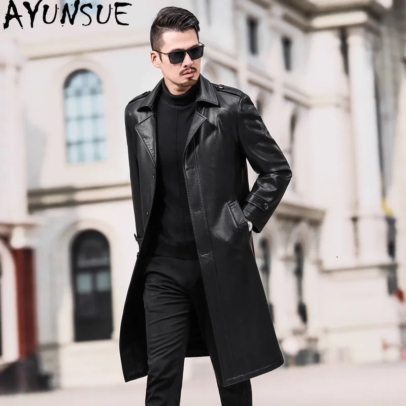 AYUNSUE кожаная куртка для мужчин одежда осень зима Длинная ветровка Mens Jackets and Coats