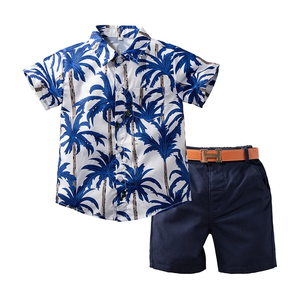 PUDCOCO1-6 Year Old Baby Suit Boy Summer Clothing Hawaiian Style Short Sleeve Button Shirt Shorts Belt Hot Sale |