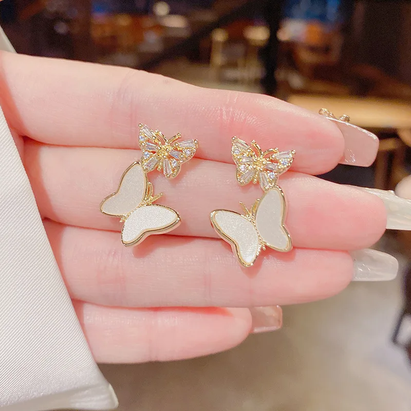 

14K Real Gold Micro-inlaid Butterfly S925 Silver Needle with Fresh Personality Stud Earrings for Women Cubic Zircon ZC Earrings