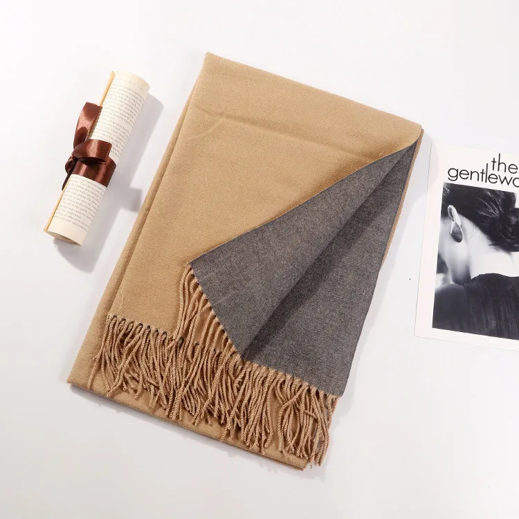 Camel gray Горячий осенний и зимний шарф женский сплошной цвет матовый двухсторонний кролик бархат шаль дамы кисточкой шарф Дамская шаль - Цвет: Camel gray