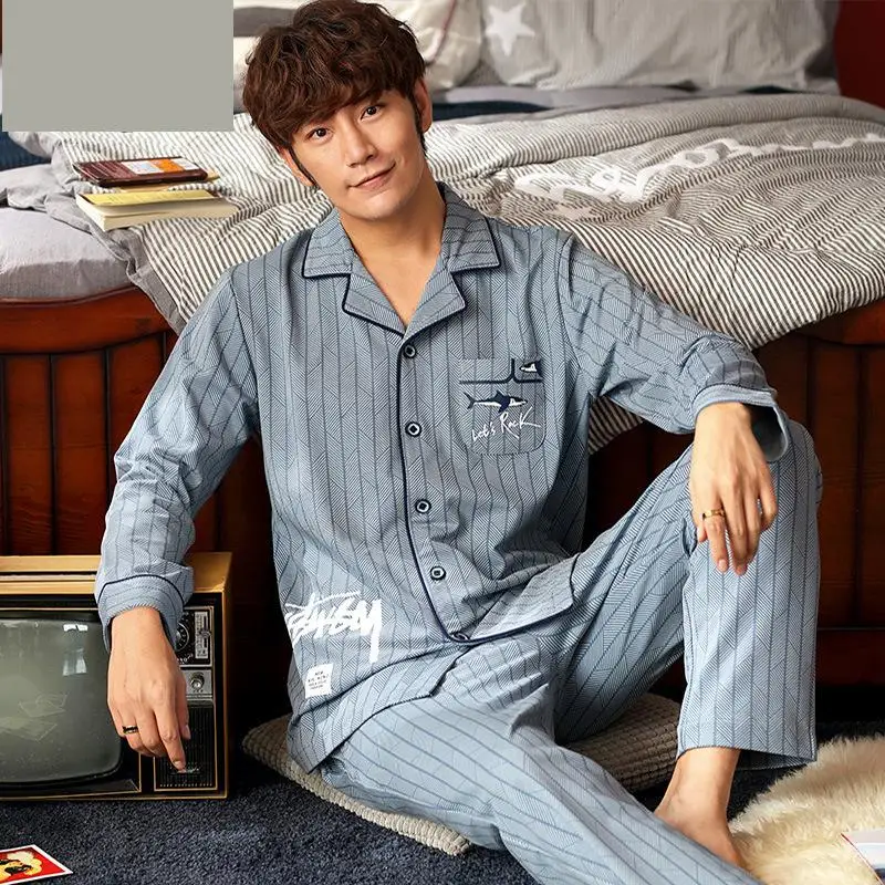 

Хлопковая мужская пижама, ночная рубашка, Мужская одежда для сна с пуговицами, рубашка и брюки, ночная одежда, домашняя одежда, пижама, компл...