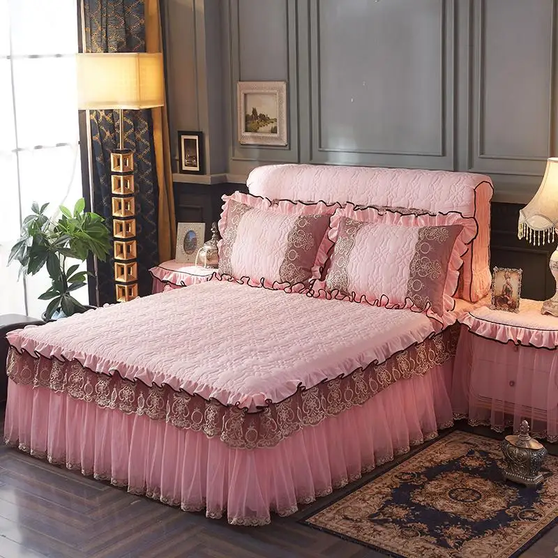 43 Quilted Cotton Lace Princess Bedskirt Bed cover spread set Pink Blue Purple king/queen size Bedsheets Pillowcases | Дом и сад