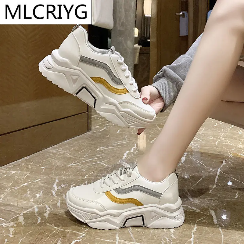 

2021 Women's Vulcanized Shoes Autumn New Platform Chunky Sneakers Fashion Low-heeled Round Head Women Casual Lace-up Dad Shoes