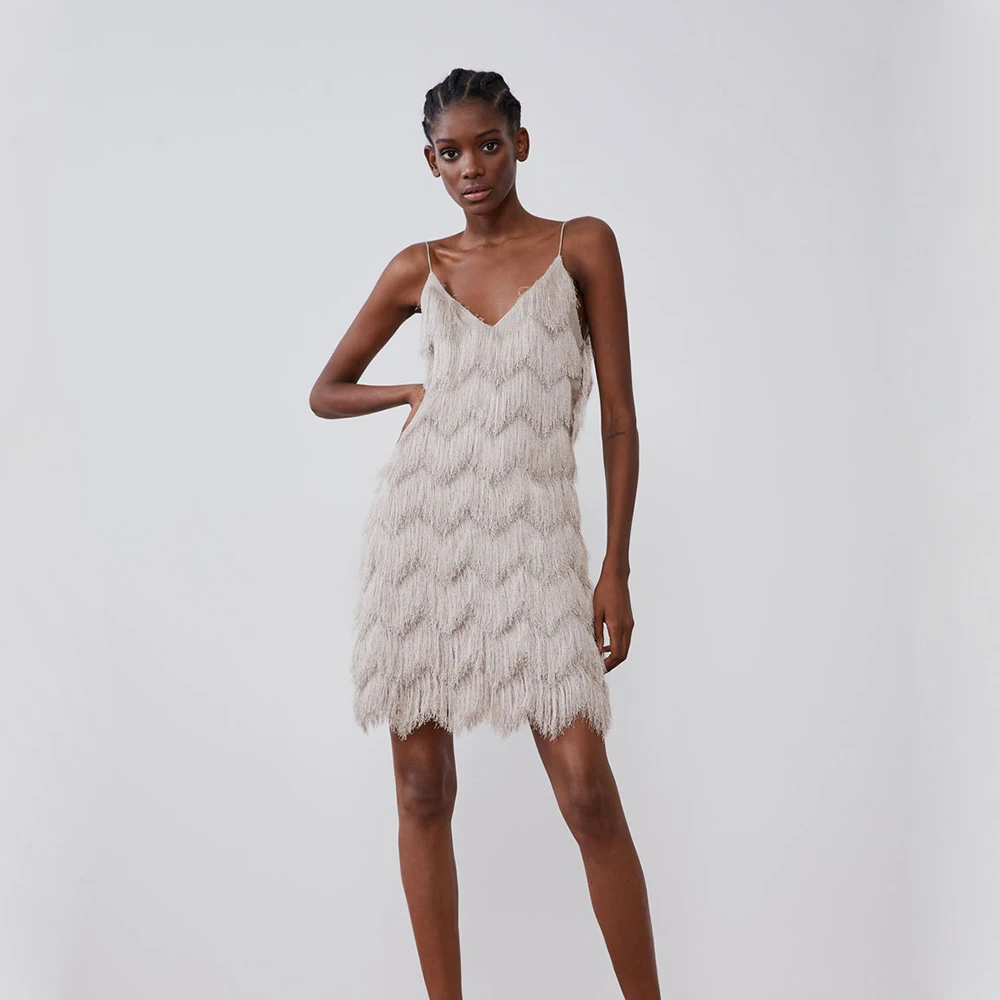 2019 осеннее женское платье с кисточками на подтяжках белое темпераментное