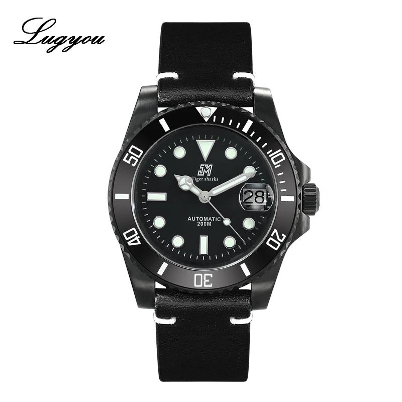 B Black Leather Lugyou Сан Мартин роскошные черные DLC Diver Мужские часы Автоматические из нержавеющей стали Пескоструйный сапфир 20 атм водонепроницаемый резиновый ремешок - Цвет: B Black Leather