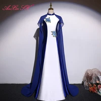anxin sh princess blue and white satin evening dress vintage performance o neck blue chiffon stage rose flower evening dress