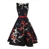 womens summer dress dress skirt high waist sleeveless dress black bottom plum blossom print slim lady retro big swing skirt