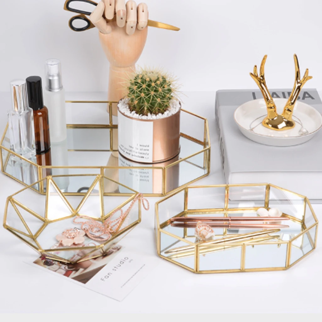 Винтажные корзины для хранения косметики золотой многоугольный органайзер