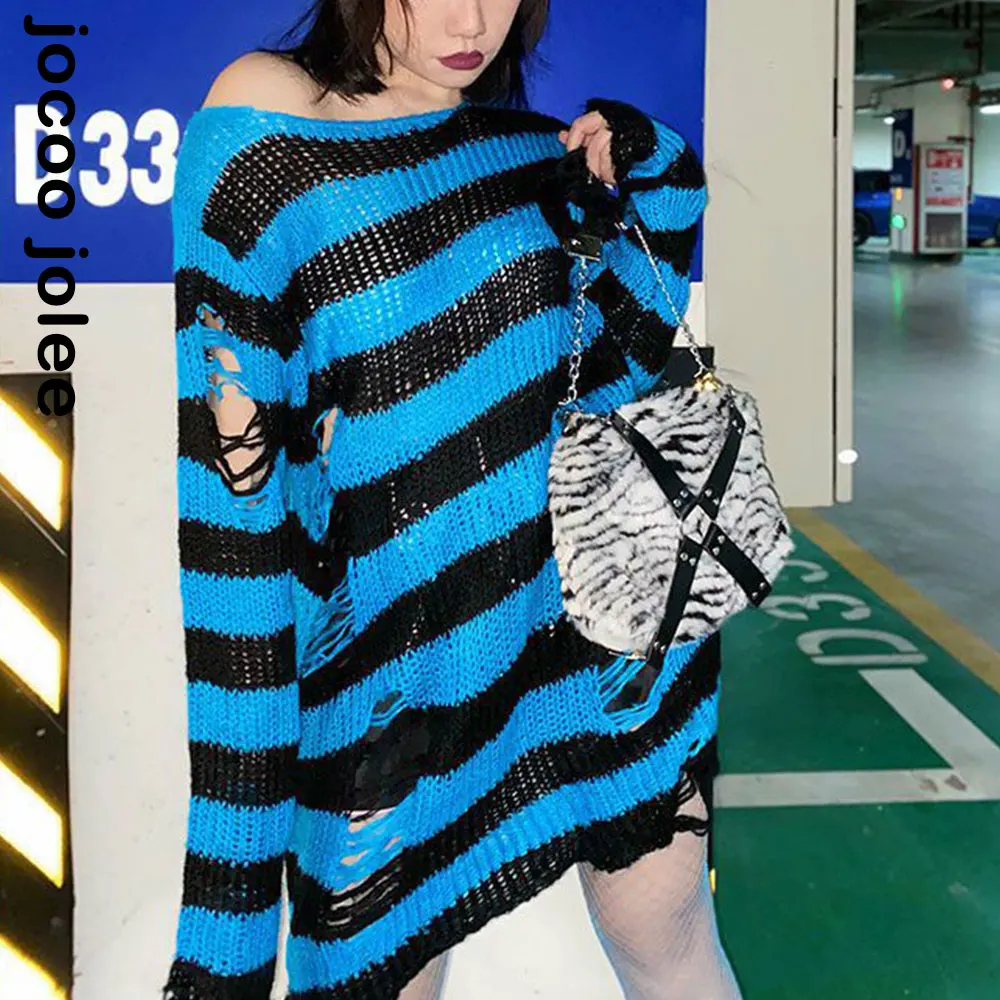 

Женский Повседневный джемпер в полоску, свитер с длинным рукавом, пуловер с вырезами, топ с круглым вырезом, уличная Свободная блузка большо...