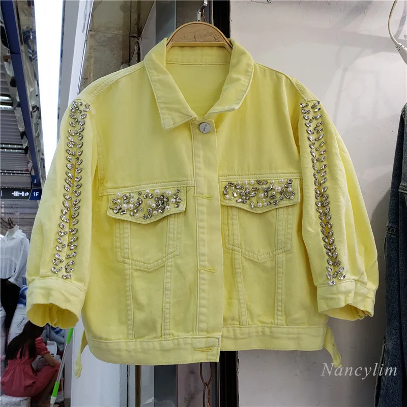 

Rhinestone Beaded Short Denim Jacket Women 2021 Spring and Summer All-Match Casual Cropped Yellow Jean Coat Lady Top