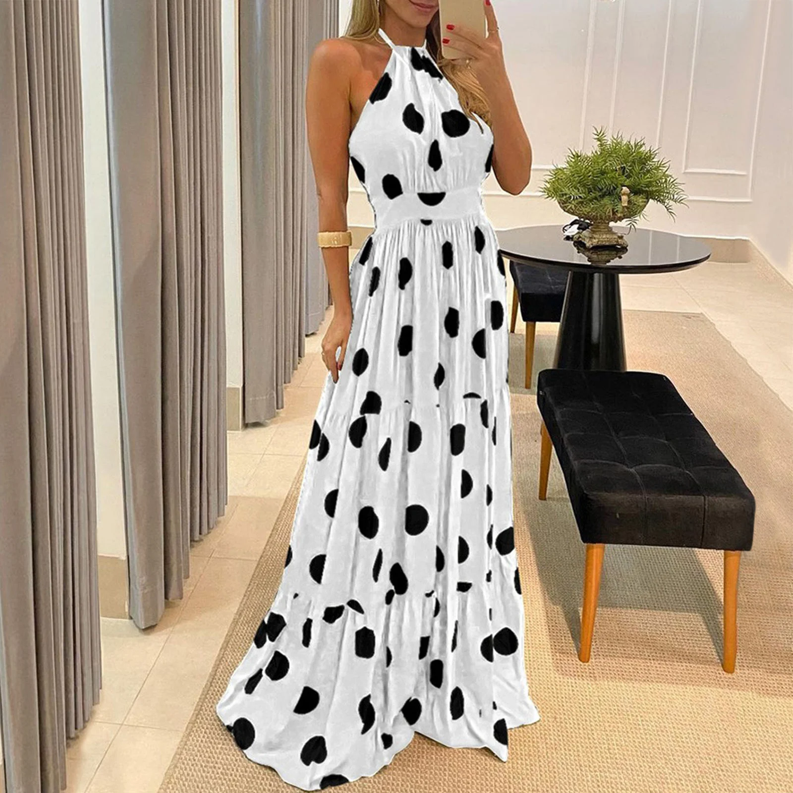 

Maxi Dress For Women Tropical Print Halter Backless Maxi Dress Sexy Sleeveless Beach Long Dresses High Quality Vestido De Mujer