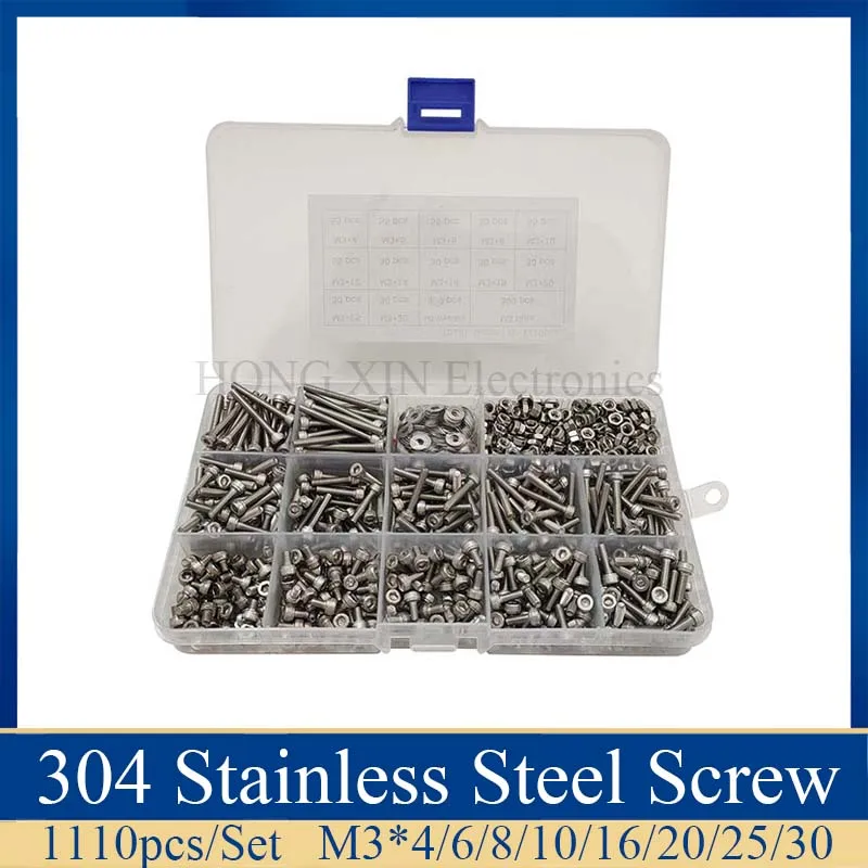 

1110pcs/Set Stainless Steel M3 Socket Head Cap Screws and Nuts Flat Washer Assortment Kit with Tweezer