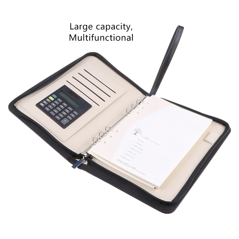 

Faux Leather A5 Padfolio with Calculator Zipper Binder Notebook Briefcase File U4LD