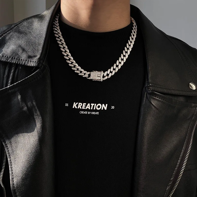 

European and American hip-hop full diamond Cuban chain 12MM wide necklace bracelet men and women trend street clavicle chain