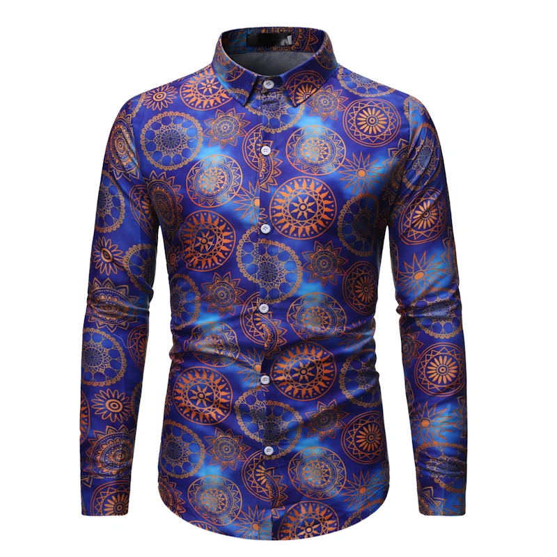 Мужская гавайская рубашка черная приталенная в разноцветную полоску с длинными