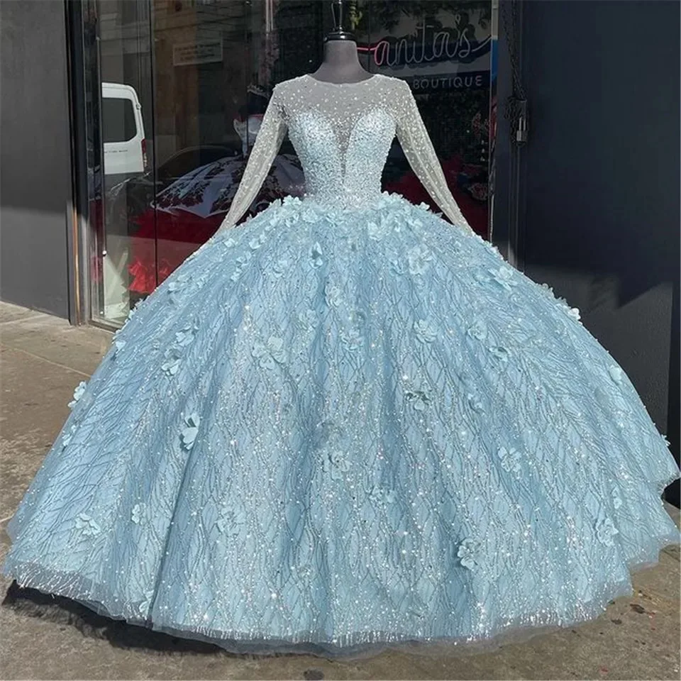 Фото Блестящее светло-голубое Пышное Платье 2021 с круглым вырезом и длинным рукавом