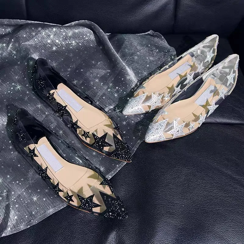 

2021 Ladies Flat Shoes Transparent Flat Heel Star Pointed Crystal Single Shoes