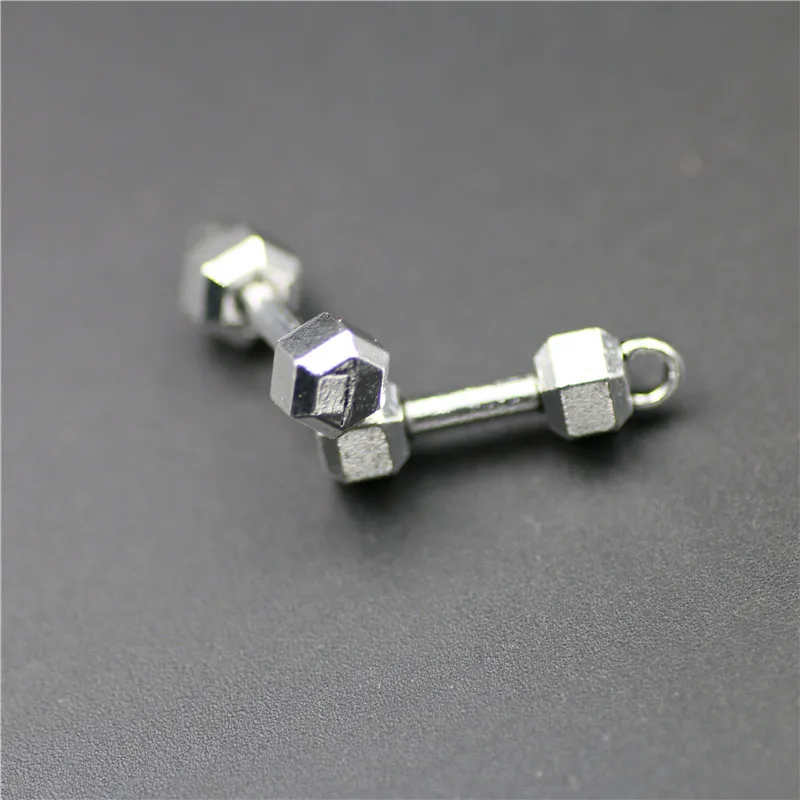 

High Quality 20 Pieces/Lot 7mm*21mm Antique Silver Plated Metal Fitness barbell Dumbbell Charm For Diy Jewelry Making