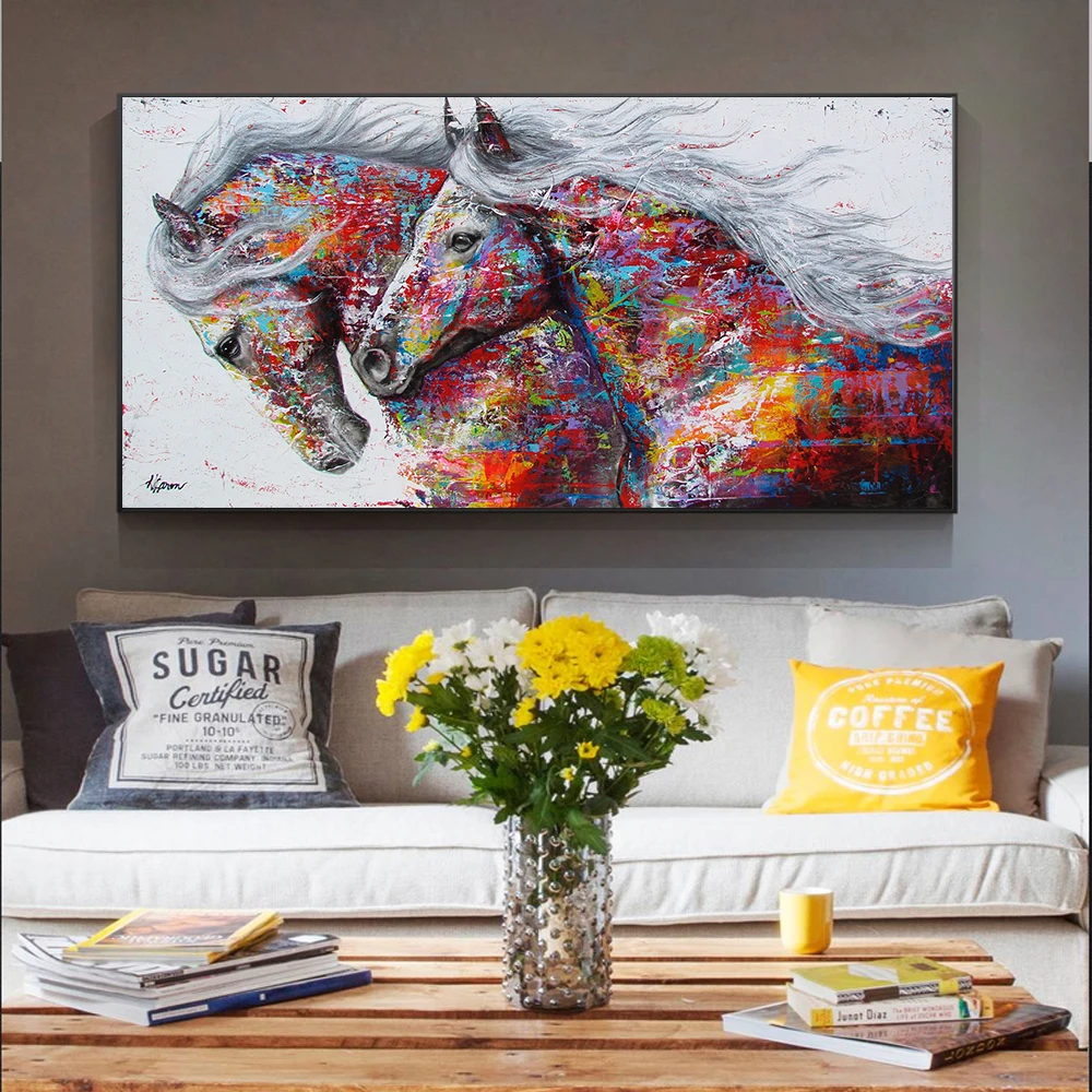 

Abstract Animals Colorful Two Running Horses Poster Canvas Painting Print Wall Art Pictures for Modern Living Room Home Decor