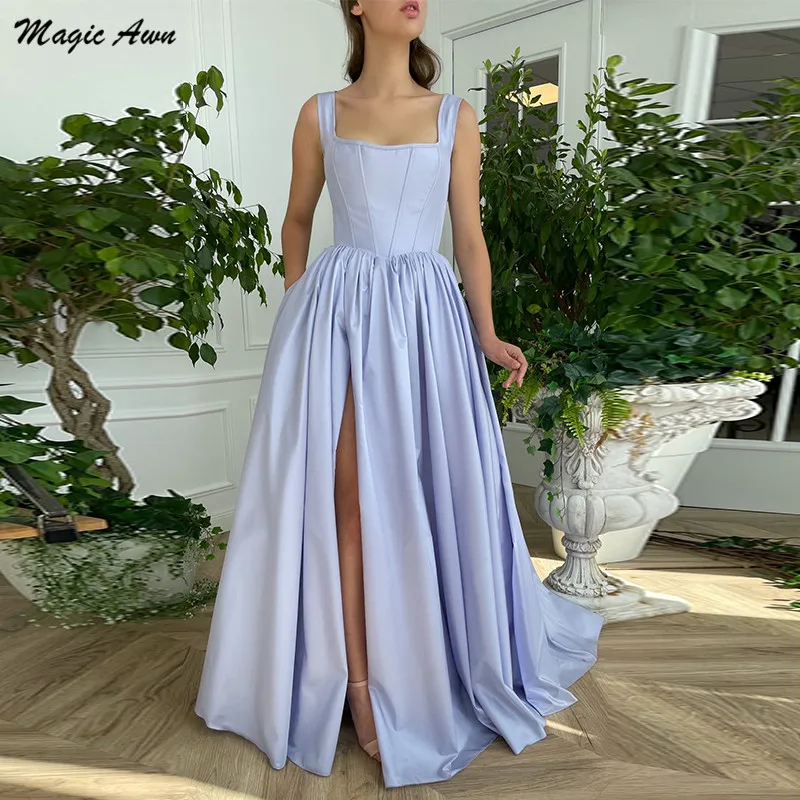 

Magic Awn Princess Lavender Prom Dresses Long Simple 2022 Side Split Lace-Up Corset Back Formal Evening Party Gowns With Pockets