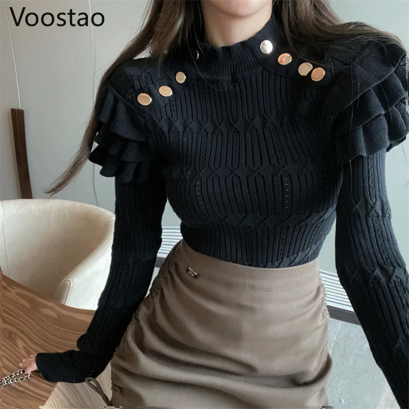 Свитер женский трикотажный с оборками и длинным рукавом весна-осень | Женская