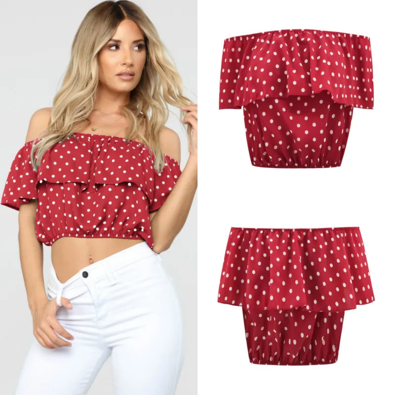 

summer women's short T shirt polka dot print slash neck navel shorts