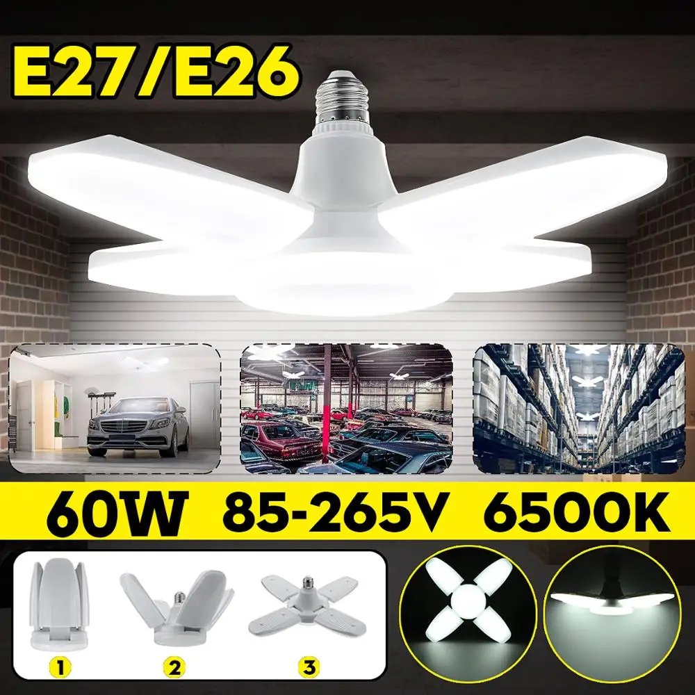

LED Garage Lights Foldable E27 Bulb 4 Adjustable Fan Blades Deformable Ceiling Lighting 6500K AC85-260V for Workshop Warehouse