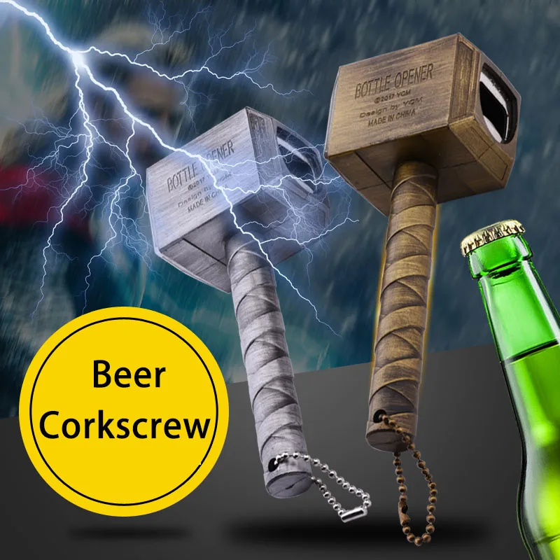 

2021 New Creative Silver Copper Beer Bottle Openers With Magnetic Multifunction Hammer Of Thor Shaped Corkscrew With Long Handle