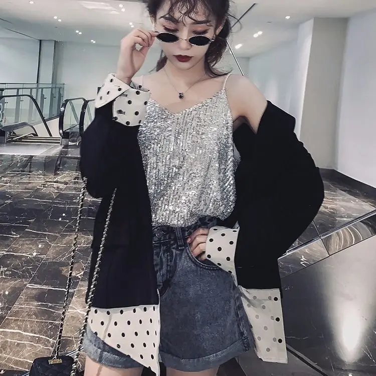 Женский короткий топ на бретельках откровенный Свободный Топ с блестками и