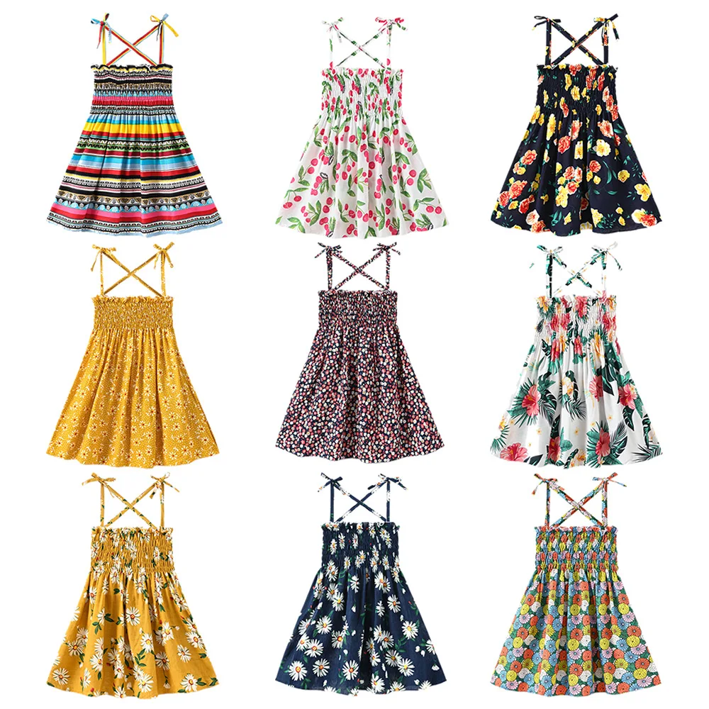 Summer Girls Floral Dress Sling Ruffles Bohemian Beach Princess Dresses for Girl Clothing 1-7 Years Kids Children's Clothing  - buy with discount