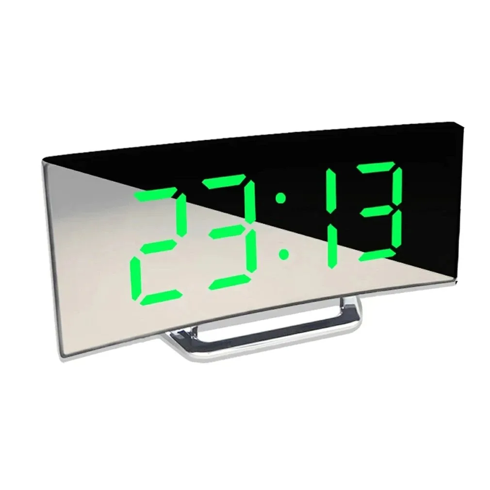 

LED Digital Alarm Clock Curved Surface Mirror Electronic Table Clock Large Screen Snooze Desktop Alarm Clock For Home Decoration