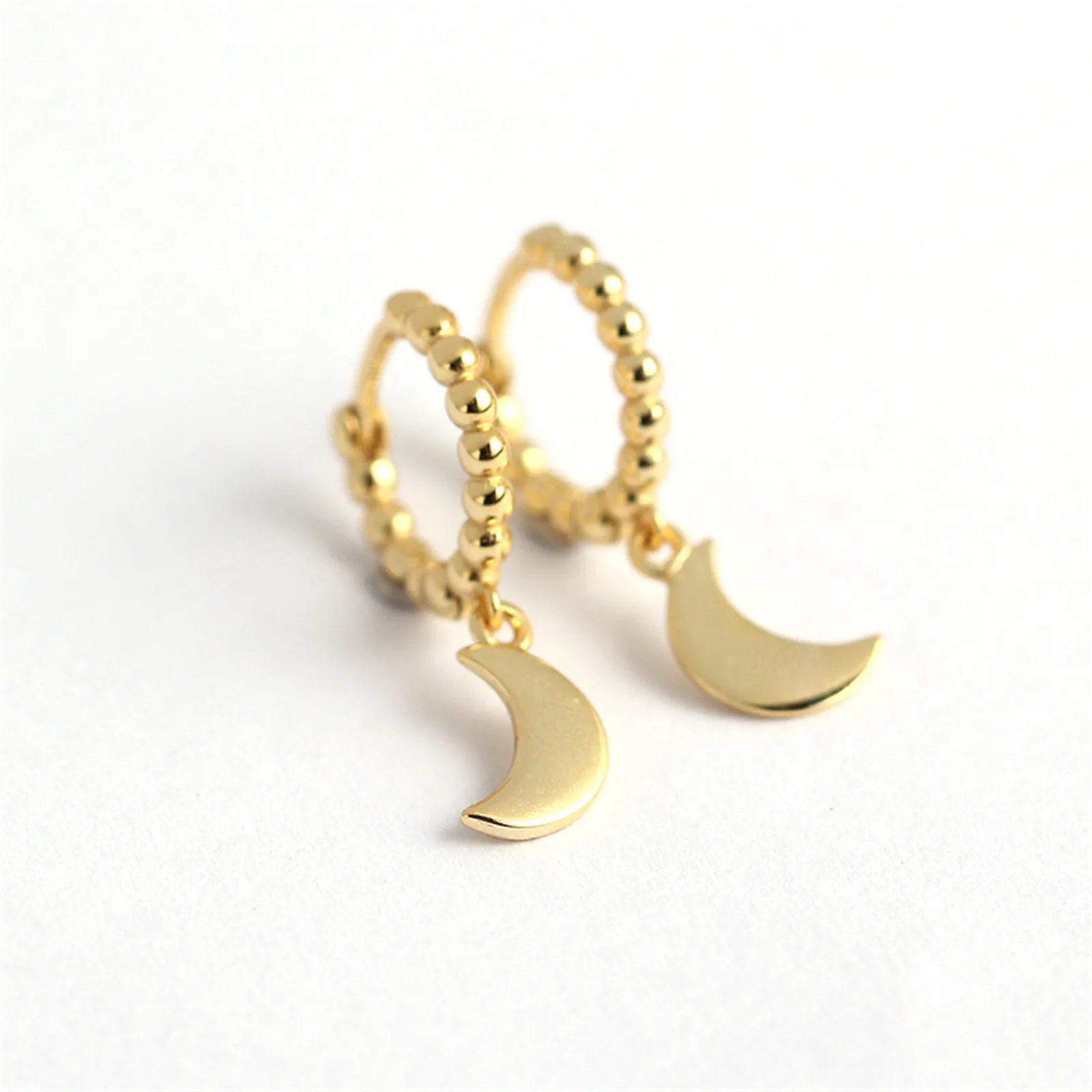 

Round Beads Simple Design Moon Shape Sterling 925 Silver Stud Earrings Ear Circle for Women Girls Jewelry Boucles D'oreille
