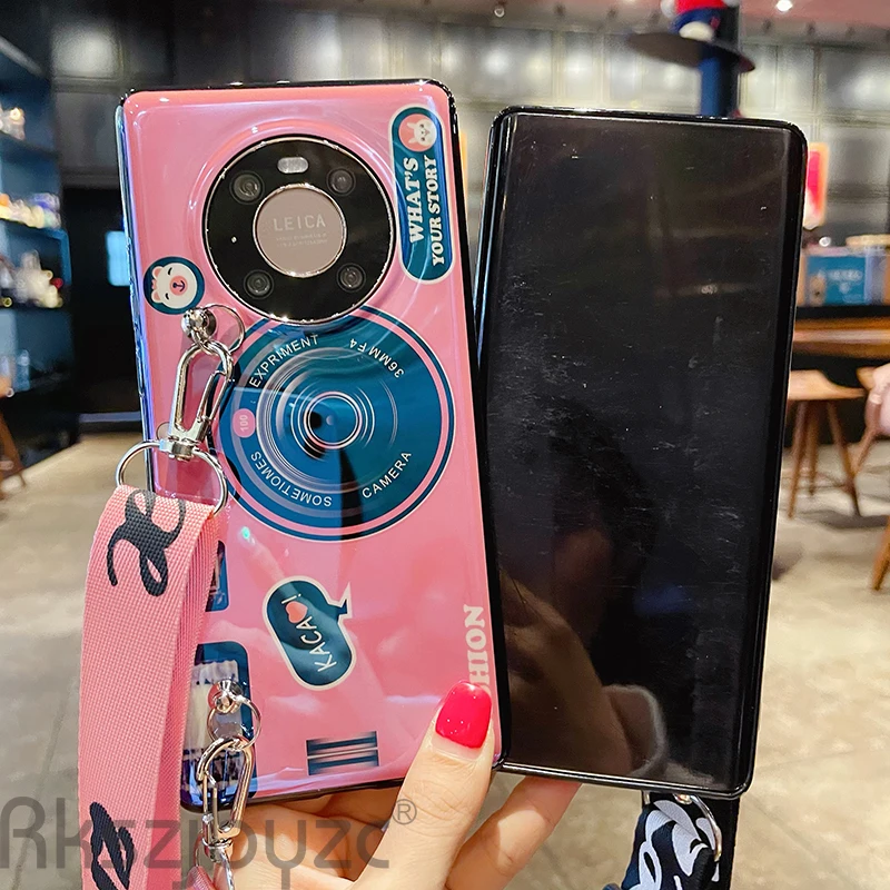 For Huawei Mate 40 Pro Case 3D Camera Phone Case For Huawei Y7A Y9A Nova 8SE Fashion Silicone Soft Back Cover with Lanyard huawei waterproof phone case