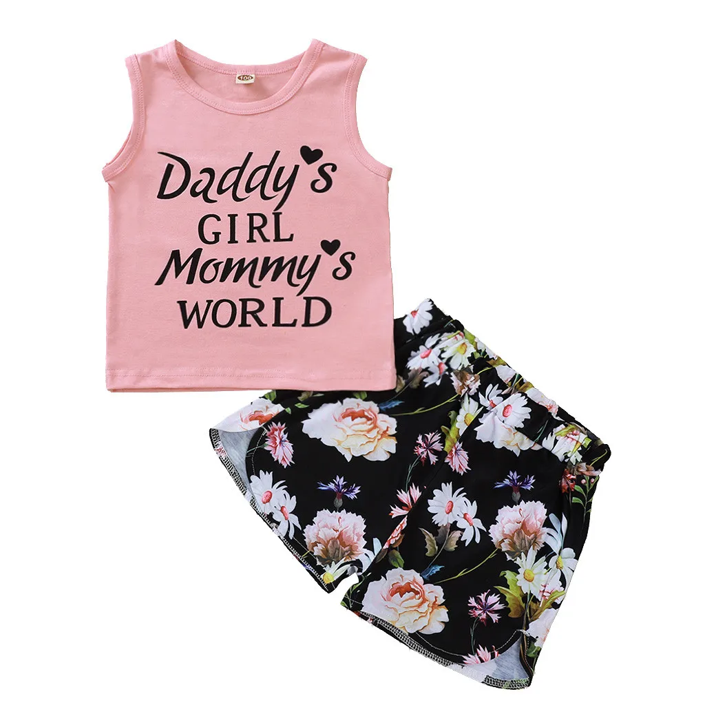 KANCOOLD Explosive Kids Pink Sleeveless Letter Vest + Rose Floral Elastic Shorts Daddy ’s GIRL Mommy's WORLD Fresh Set | Детская