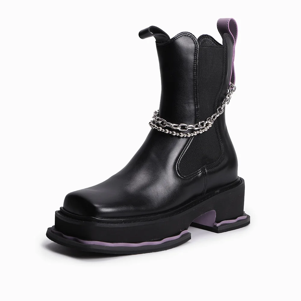 

Street Style Ankle Boots for Women Genuine Leather Platform Chelsea Boots Woman Thick Sole Booties Motorcycle Shoes with Chain